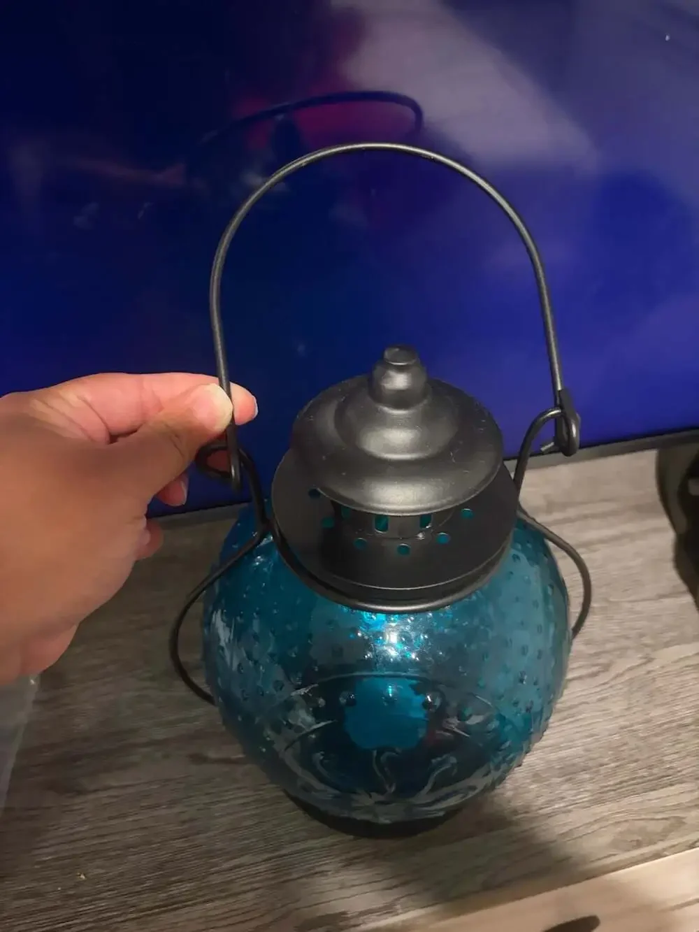 Vintage Style Teal Blue Embossed Round Glass Hanging Candle Lantern